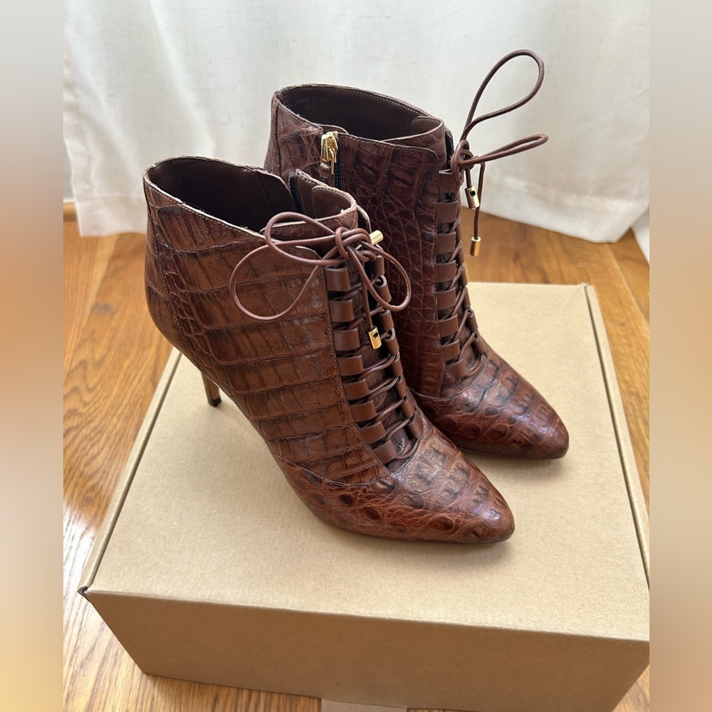 Alexandre Birman croc embossed lace up booties